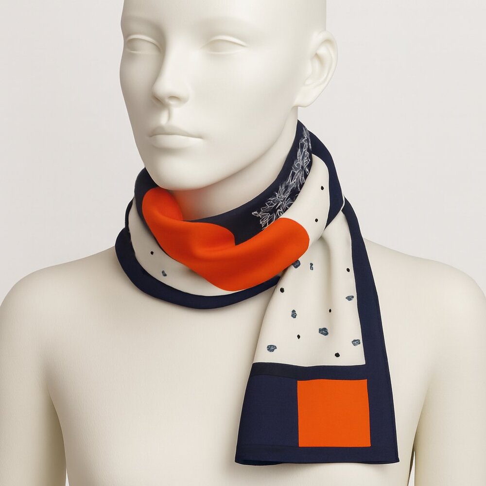 Coco Puss Large 33x70 Scarf Colorful Korean Wrap Red Orange Navy White Pattern